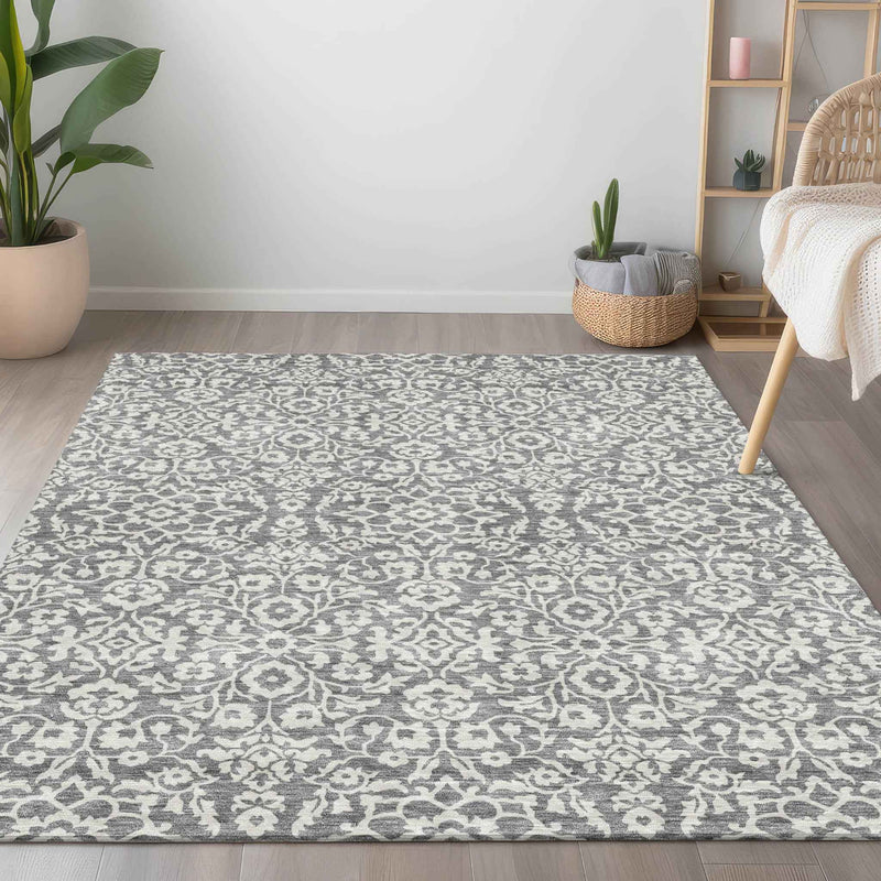 3' X 5' Gray And Ivory Damask Washable Indoor Outdoor Area Rug