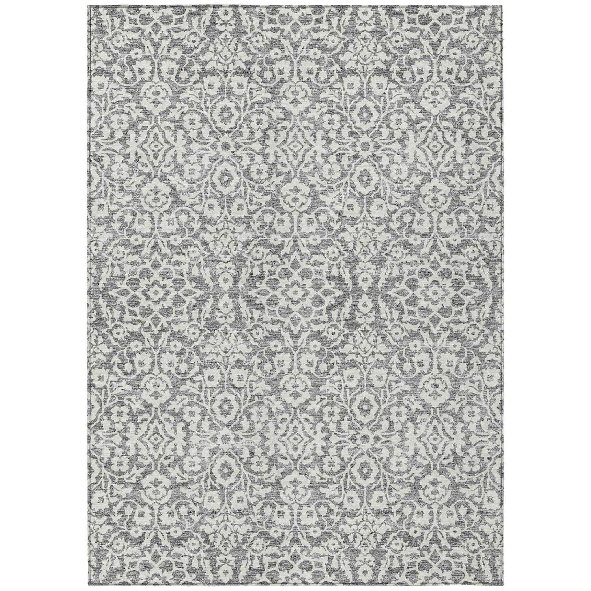 3' X 5' Gray And Ivory Damask Washable Indoor Outdoor Area Rug