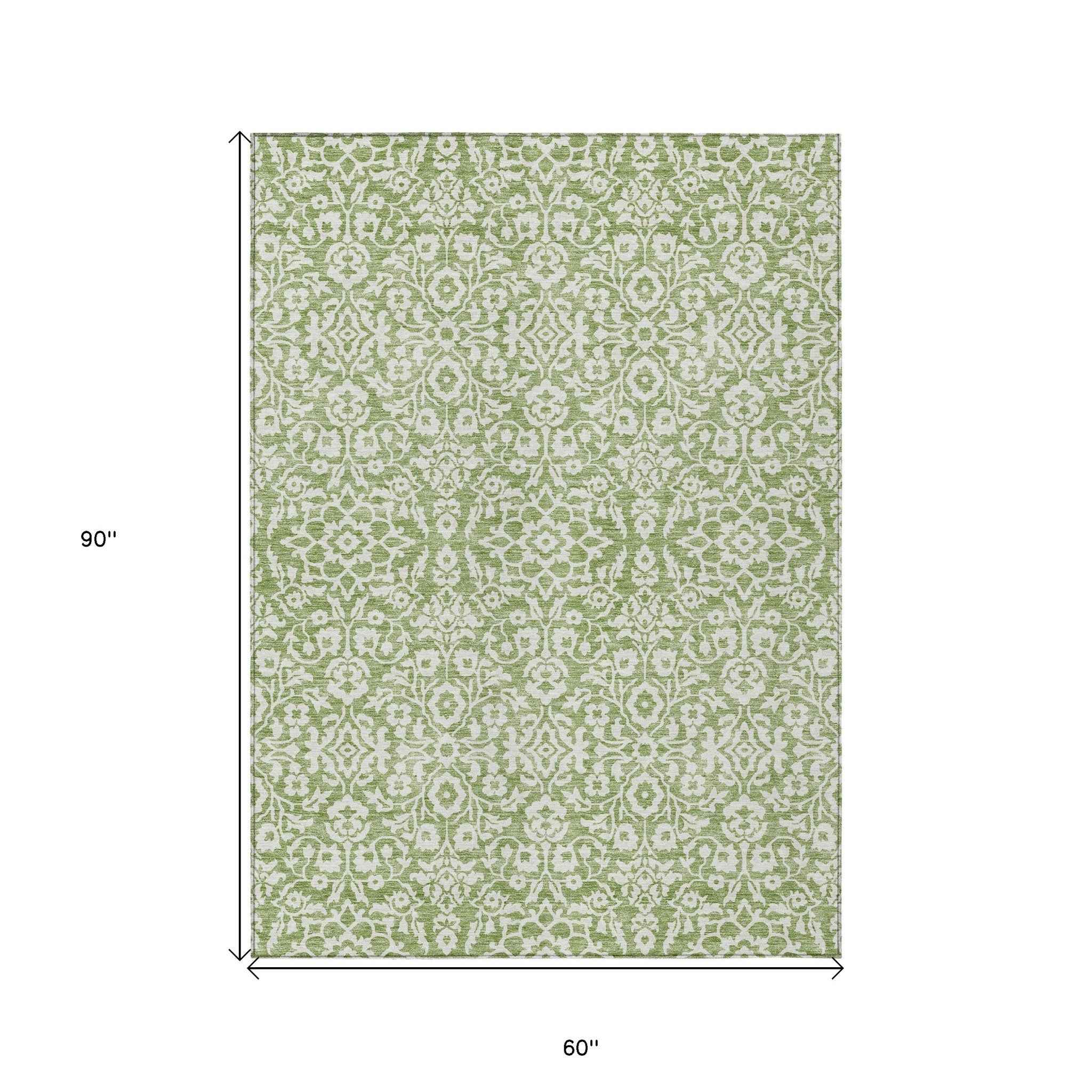 5' X 8' Green And Ivory Damask Washable Indoor Outdoor Area Rug