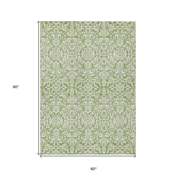 5' X 8' Green And Ivory Damask Washable Indoor Outdoor Area Rug