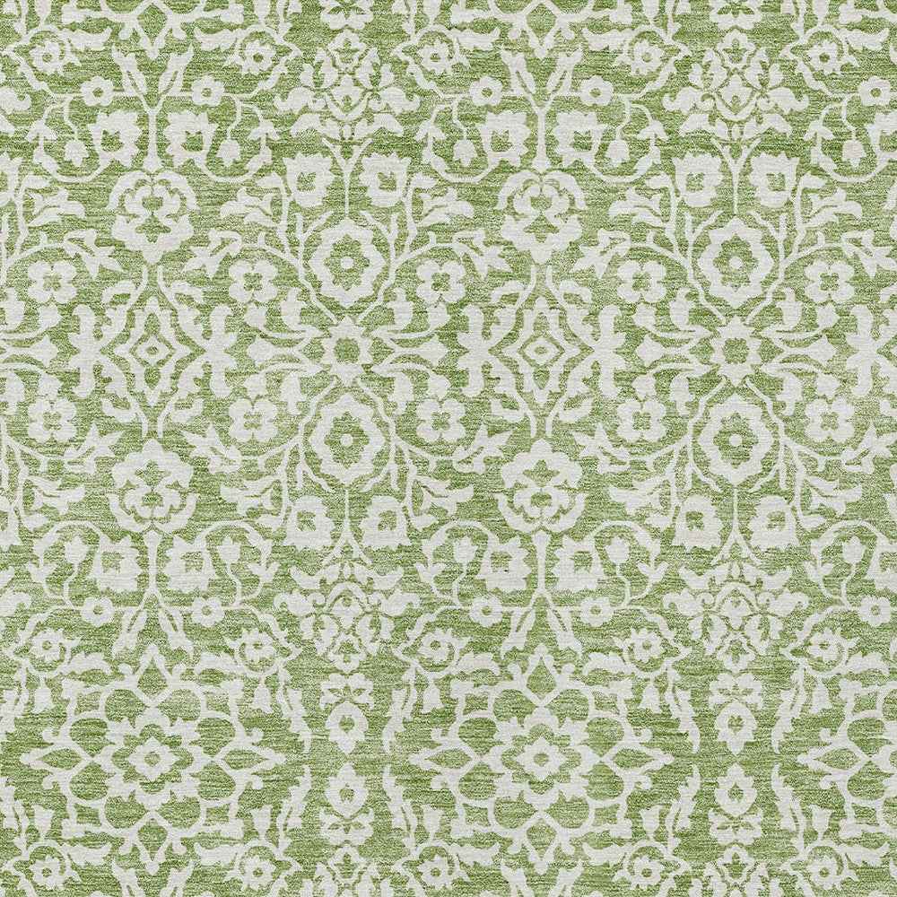 5' X 8' Green And Ivory Damask Washable Indoor Outdoor Area Rug