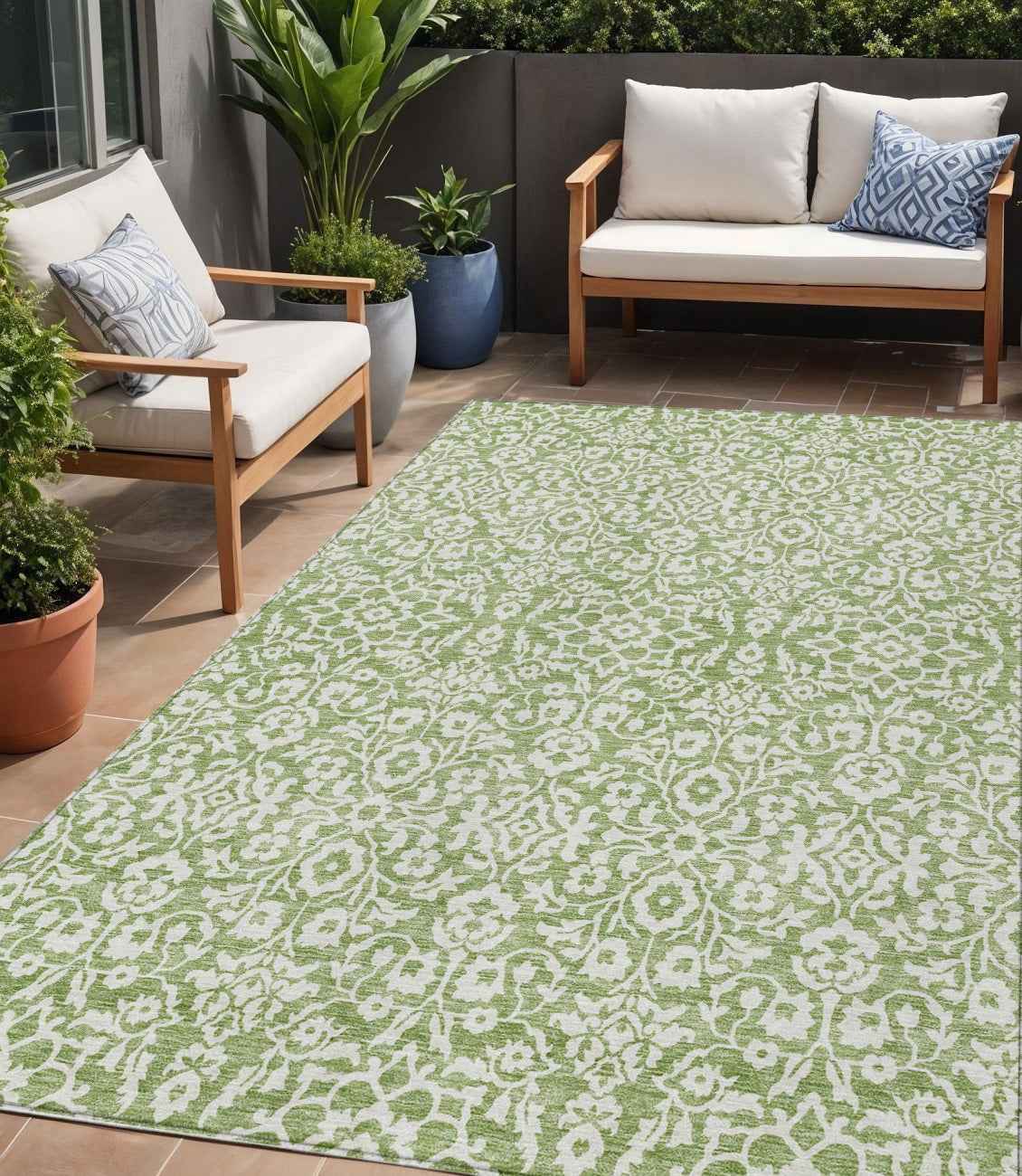 5' X 8' Green And Ivory Damask Washable Indoor Outdoor Area Rug