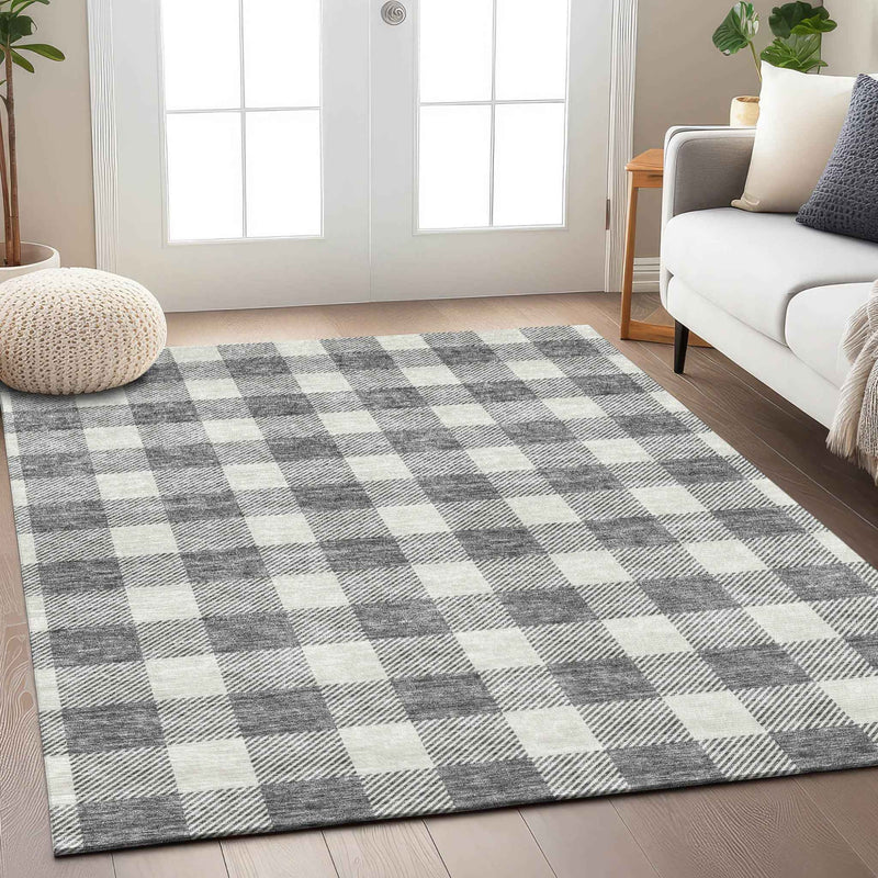 3' X 5' Gray And Charcoal Plaid Washable Indoor Outdoor Area Rug