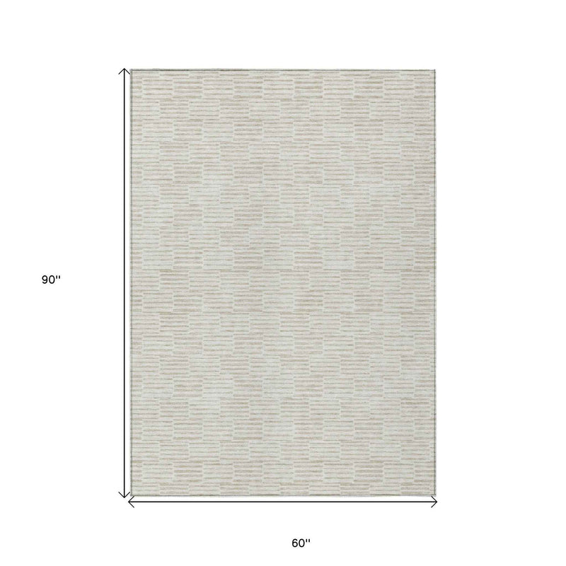 5' X 8' Ivory And Beige Geometric Washable Indoor Outdoor Area Rug