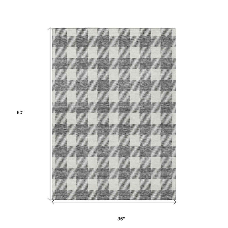 3' X 5' Gray And Charcoal Plaid Washable Indoor Outdoor Area Rug