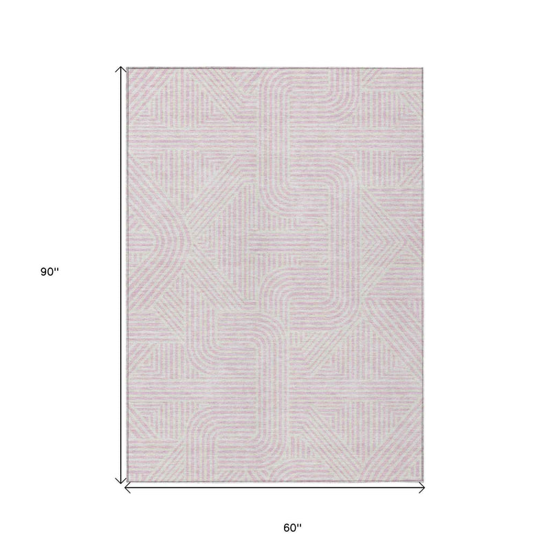 5' X 8' Pink And Ivory Abstract Washable Indoor Outdoor Area Rug