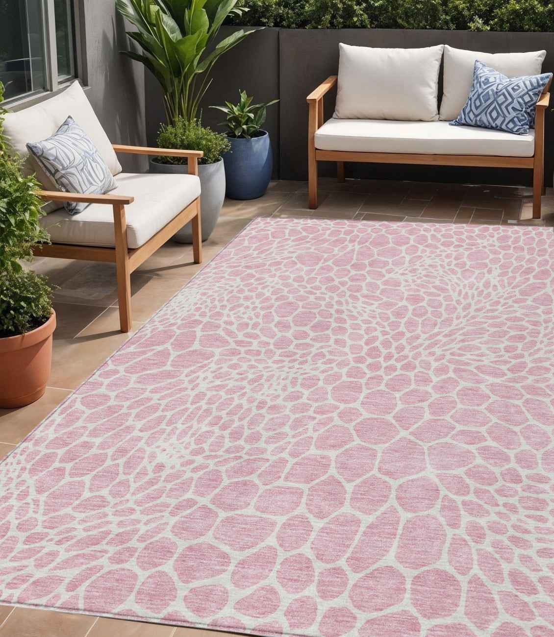 5' X 8' Pink And Ivory Geometric Washable Indoor Outdoor Area Rug
