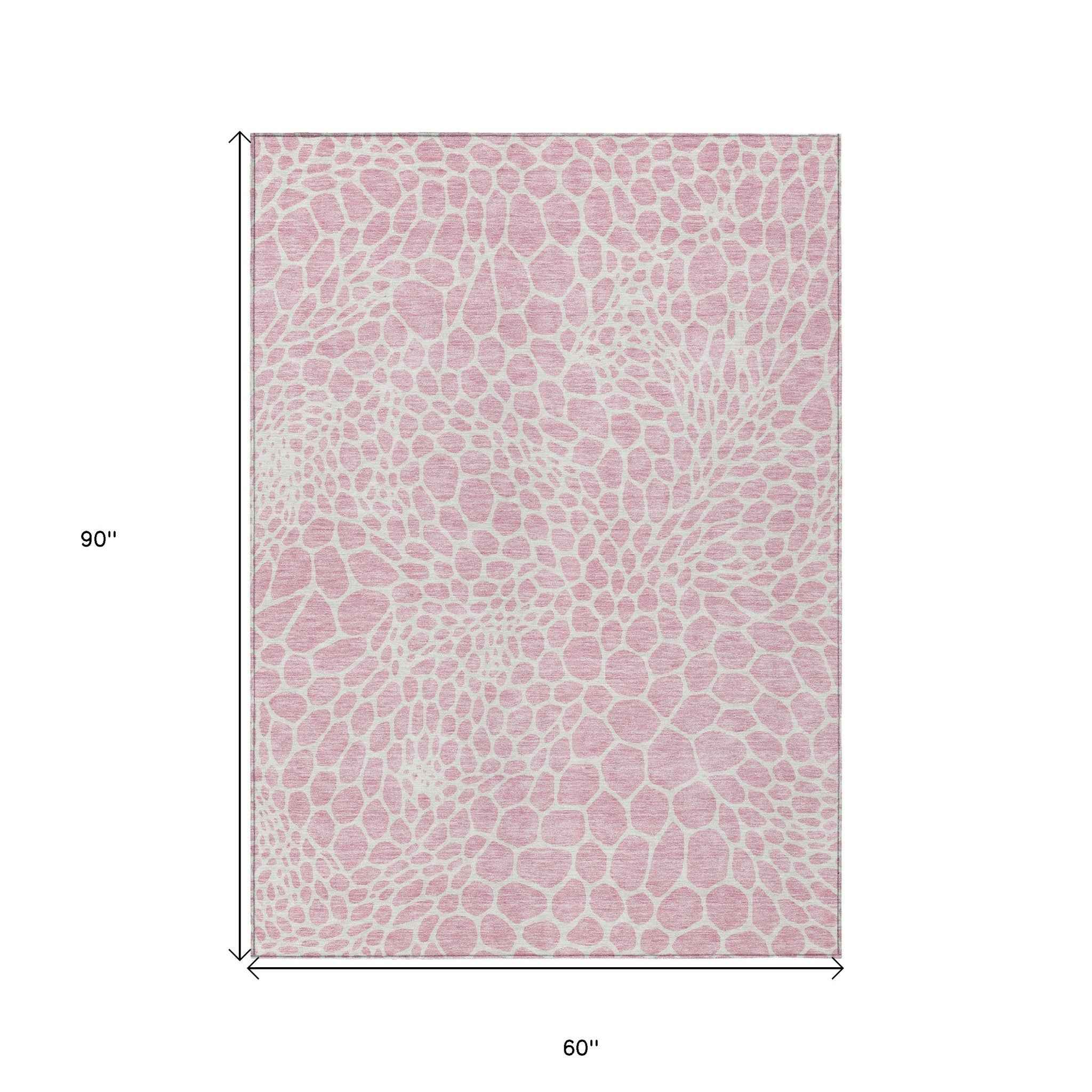 5' X 8' Pink And Ivory Geometric Washable Indoor Outdoor Area Rug