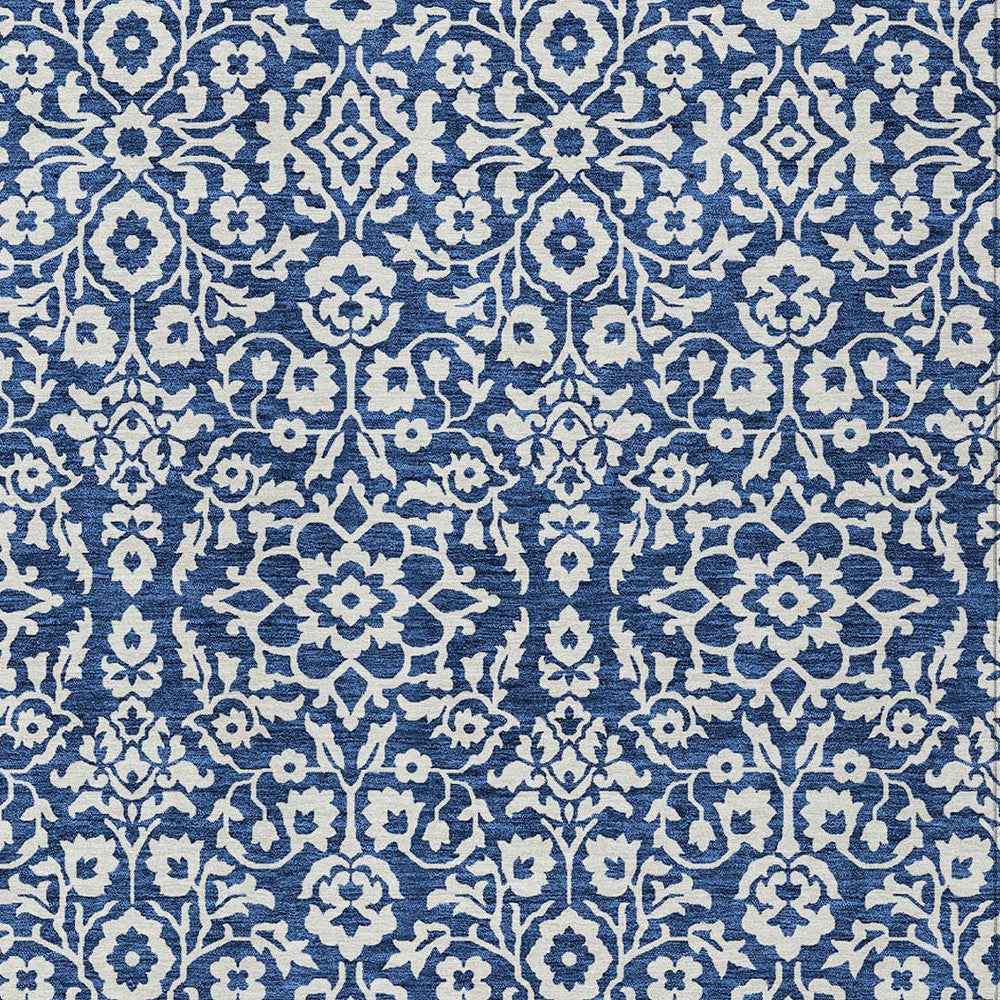 10' X 14' Navy Blue And Ivory Damask Washable Indoor Outdoor Area Rug