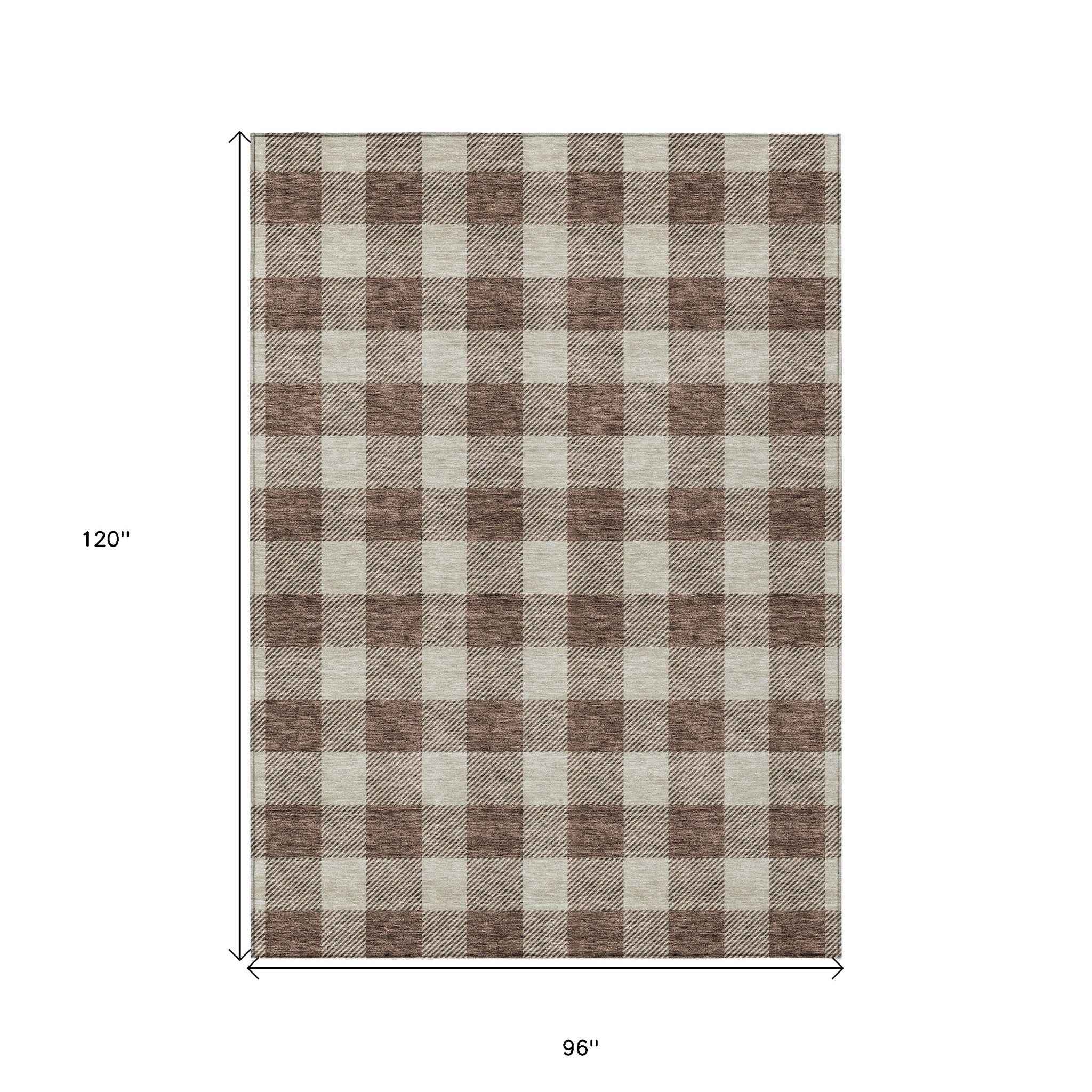 8' X 10' Brown And Beige Plaid Washable Indoor Outdoor Area Rug