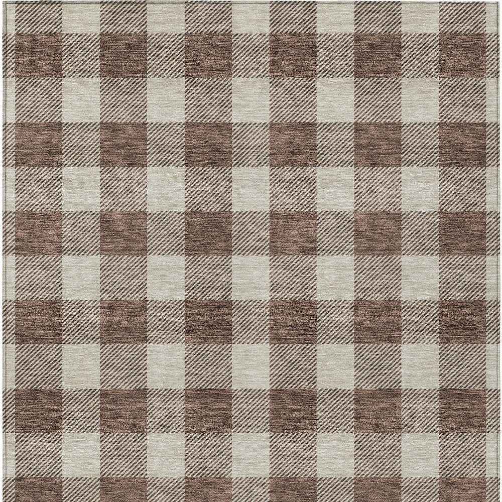 8' X 10' Brown And Beige Plaid Washable Indoor Outdoor Area Rug