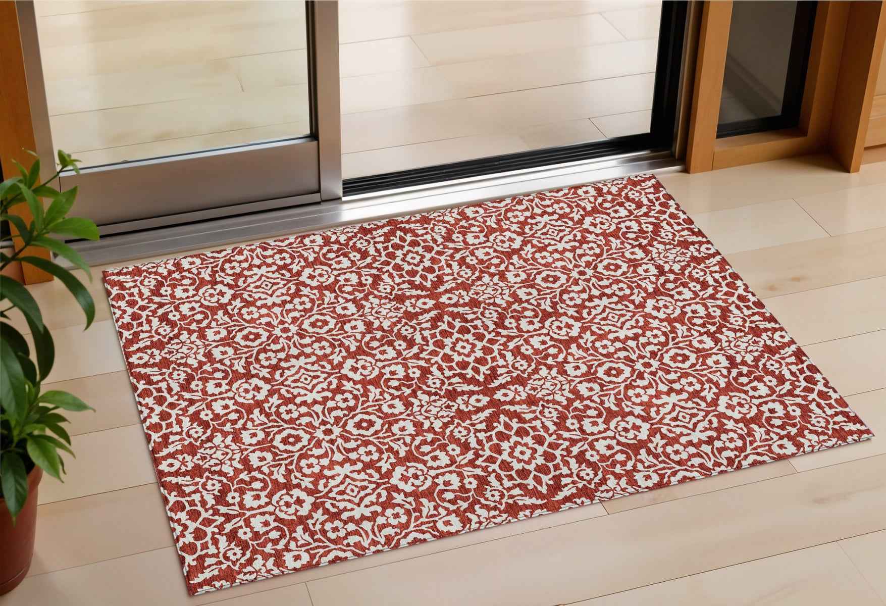 3' X 5' Red And Ivory Damask Washable Indoor Outdoor Area Rug