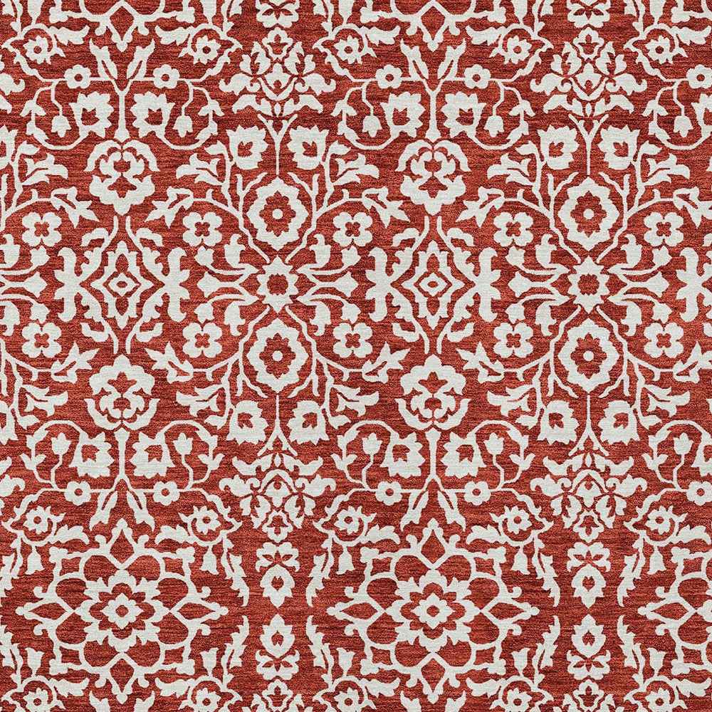 3' X 5' Red And Ivory Damask Washable Indoor Outdoor Area Rug