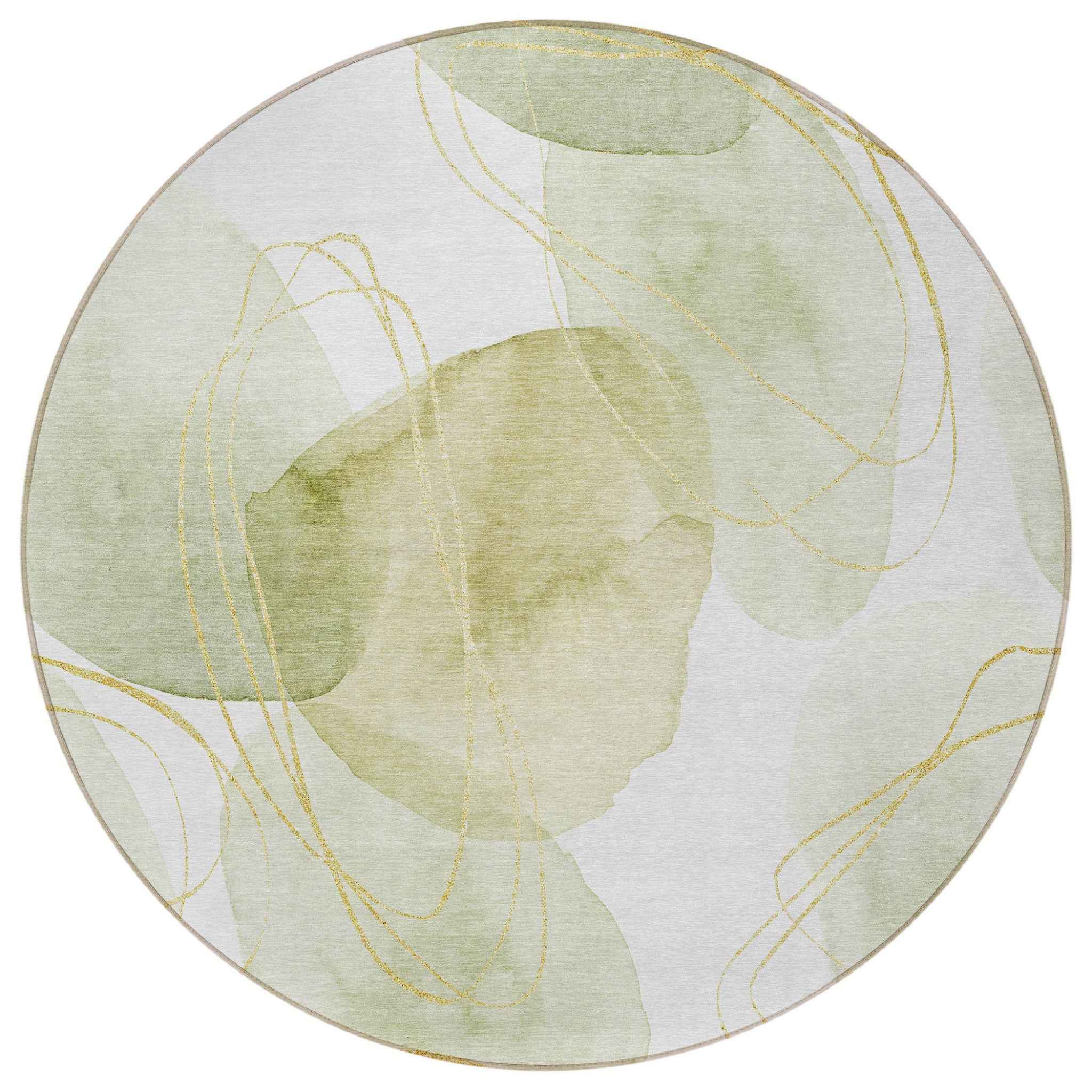 8' Green And Ivory Round Abstract Washable Indoor Outdoor Area Rug