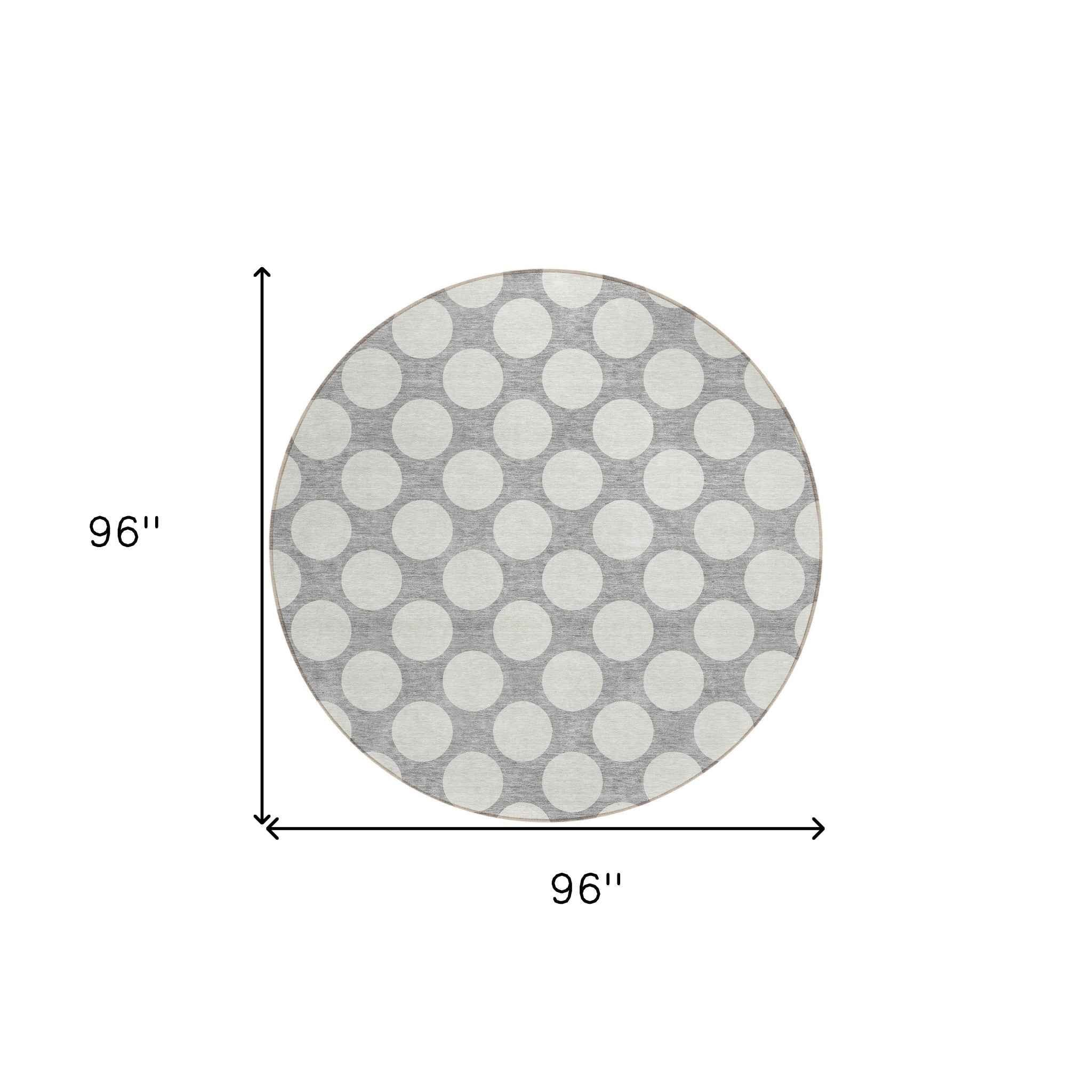 8' Gray And Silver Round Polka Dot Washable Indoor Outdoor Area Rug