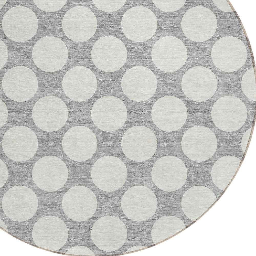 8' Gray And Silver Round Polka Dot Washable Indoor Outdoor Area Rug