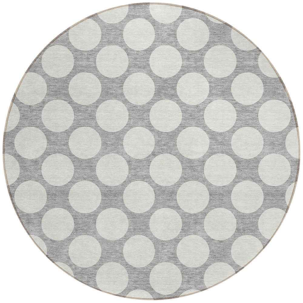 8' Gray And Silver Round Polka Dot Washable Indoor Outdoor Area Rug