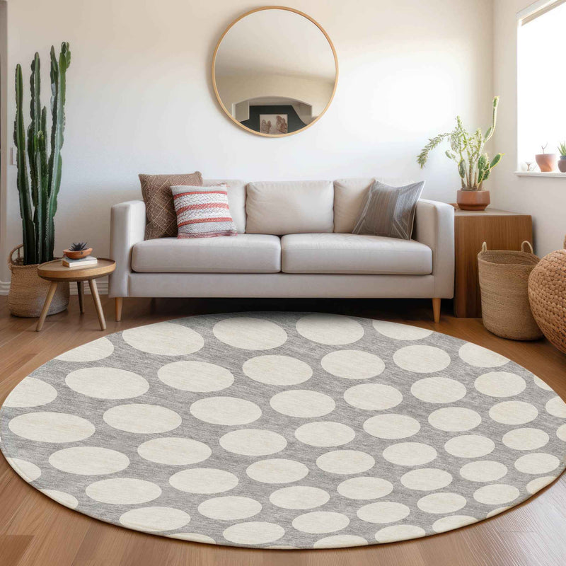 8' Gray And Silver Round Polka Dot Washable Indoor Outdoor Area Rug