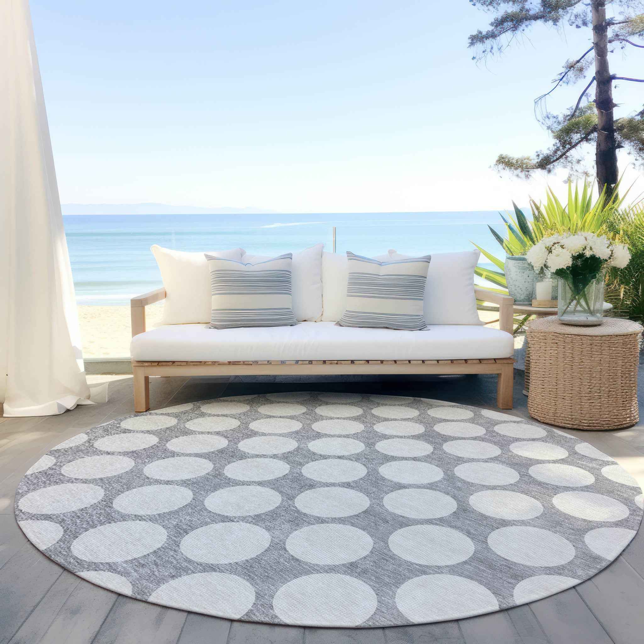 8' Gray And Silver Round Polka Dot Washable Indoor Outdoor Area Rug