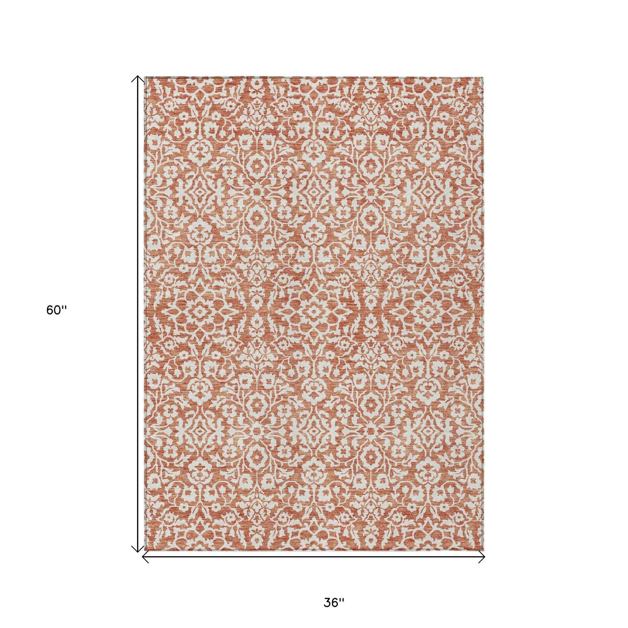 3' X 5' Coral And Ivory Damask Washable Indoor Outdoor Area Rug