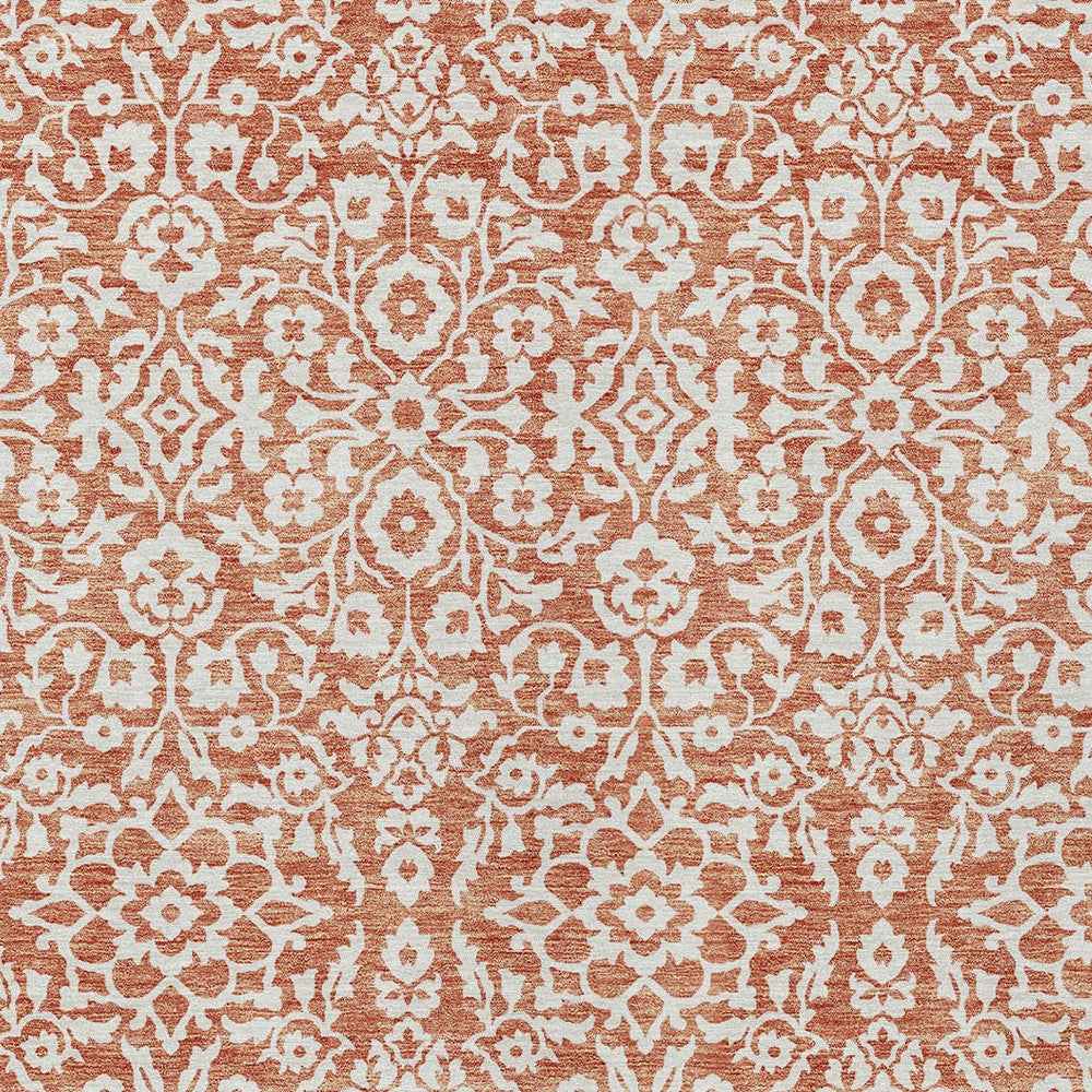 3' X 5' Coral And Ivory Damask Washable Indoor Outdoor Area Rug