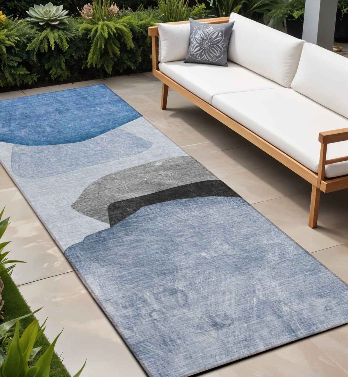 8' Runner Blue Gray and Black Abstract Washable Non Skid Indoor Outdoor Runner Rug