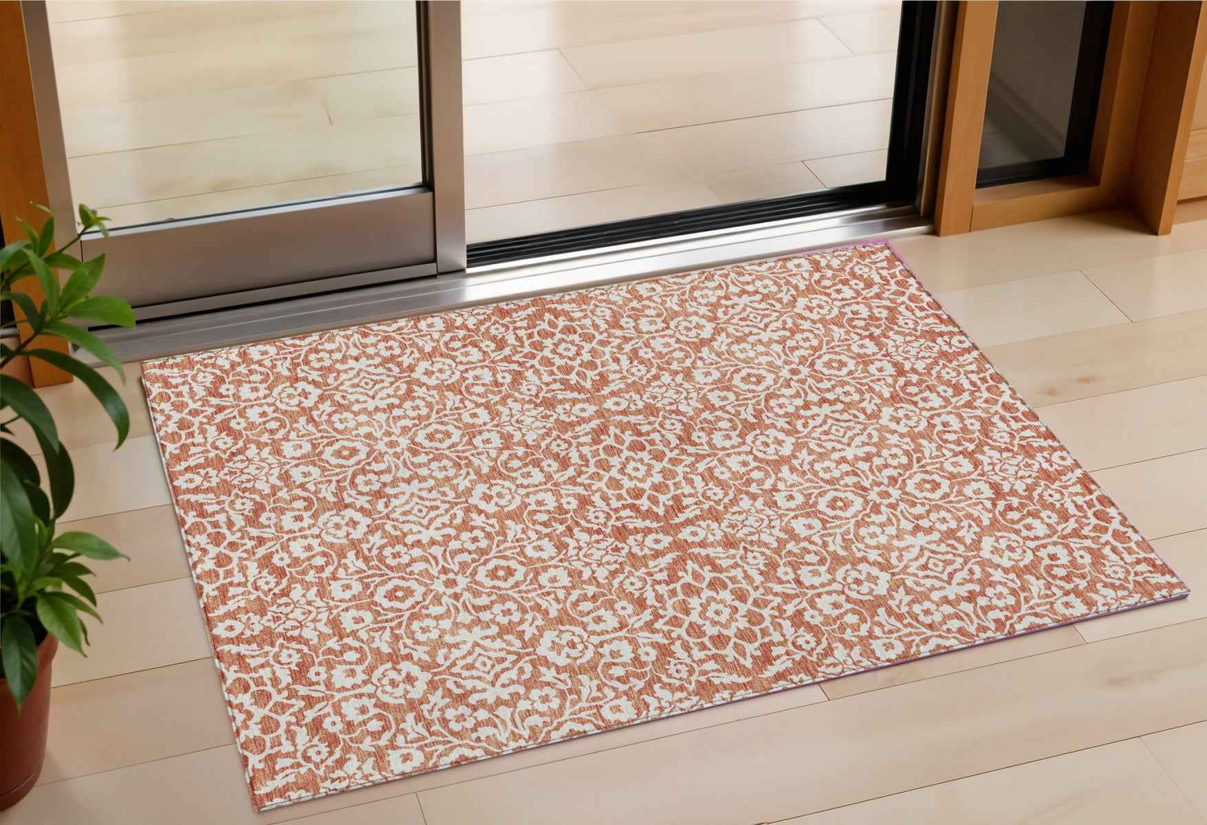 3' X 5' Coral And Ivory Damask Washable Indoor Outdoor Area Rug