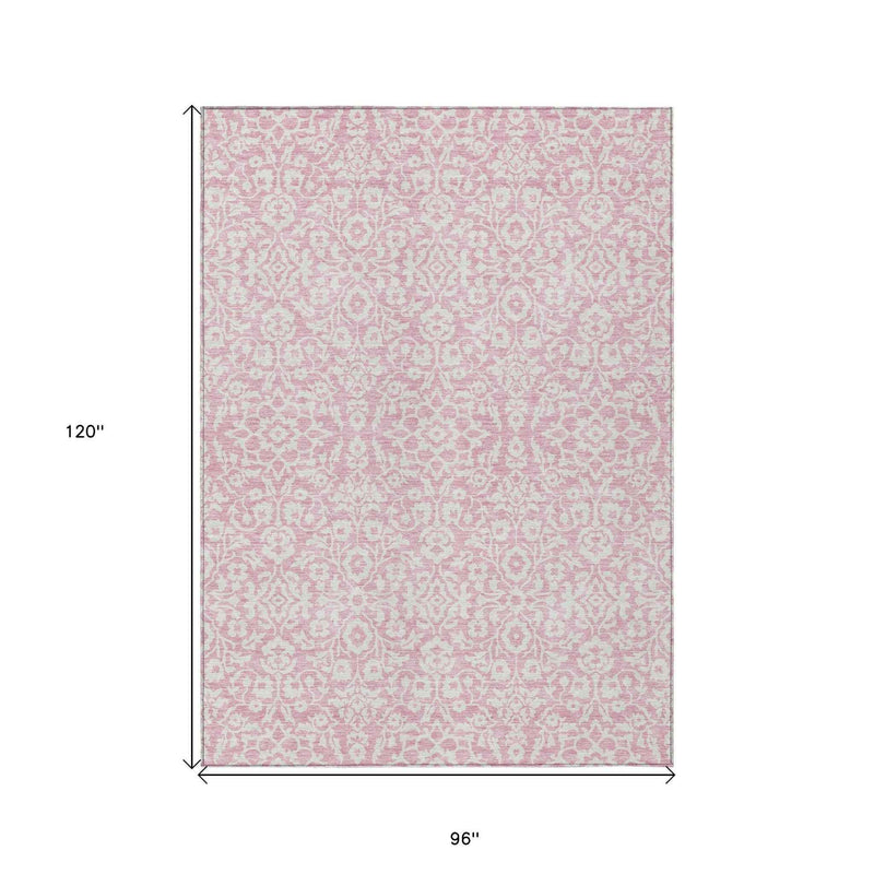 8' X 10' Pink And Ivory Damask Washable Indoor Outdoor Area Rug