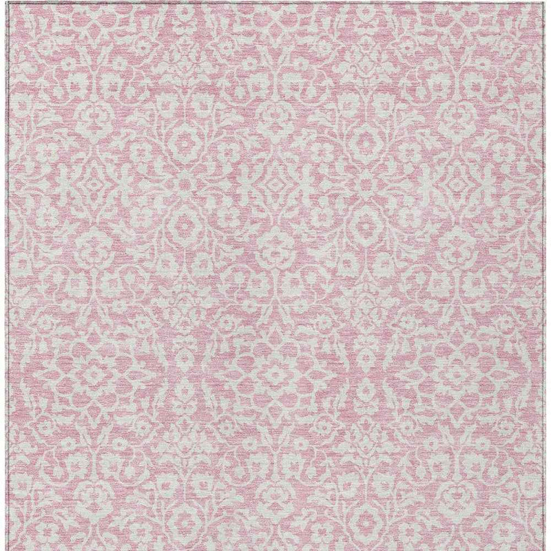 8' X 10' Pink And Ivory Damask Washable Indoor Outdoor Area Rug