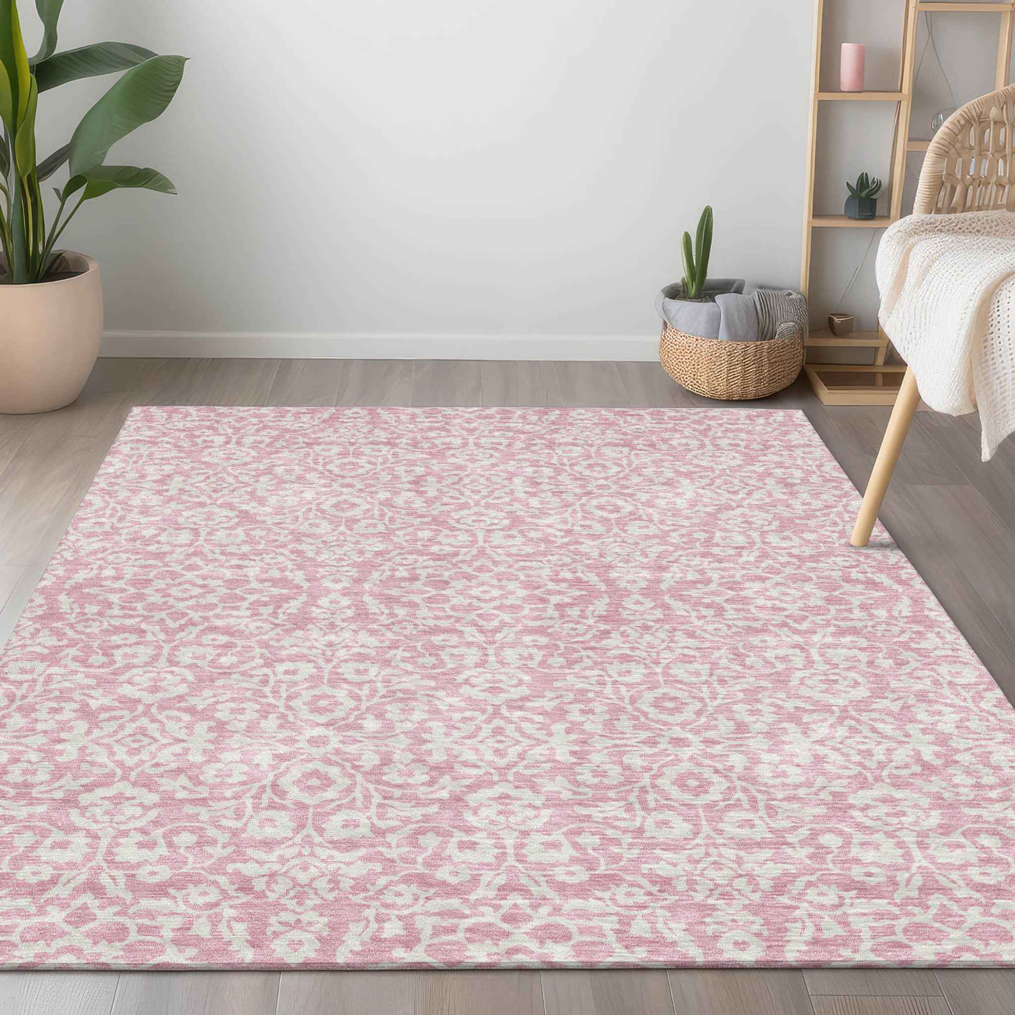 8' X 10' Pink And Ivory Damask Washable Indoor Outdoor Area Rug