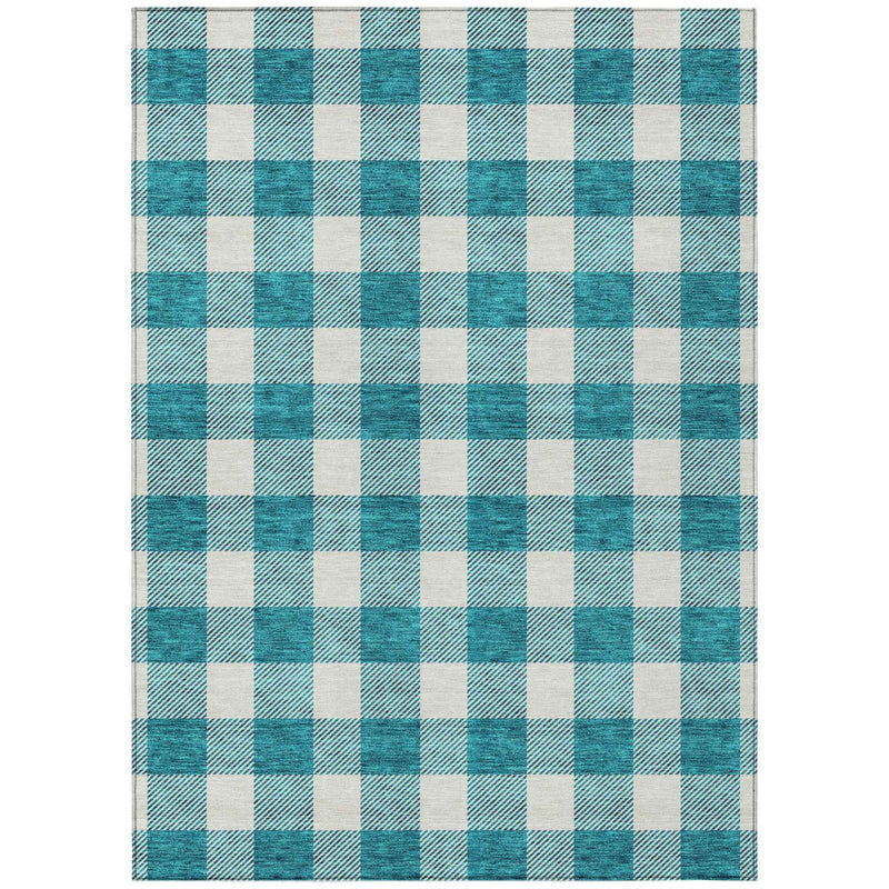 8' X 10' Teal Blue And Gray Plaid Washable Indoor Outdoor Area Rug