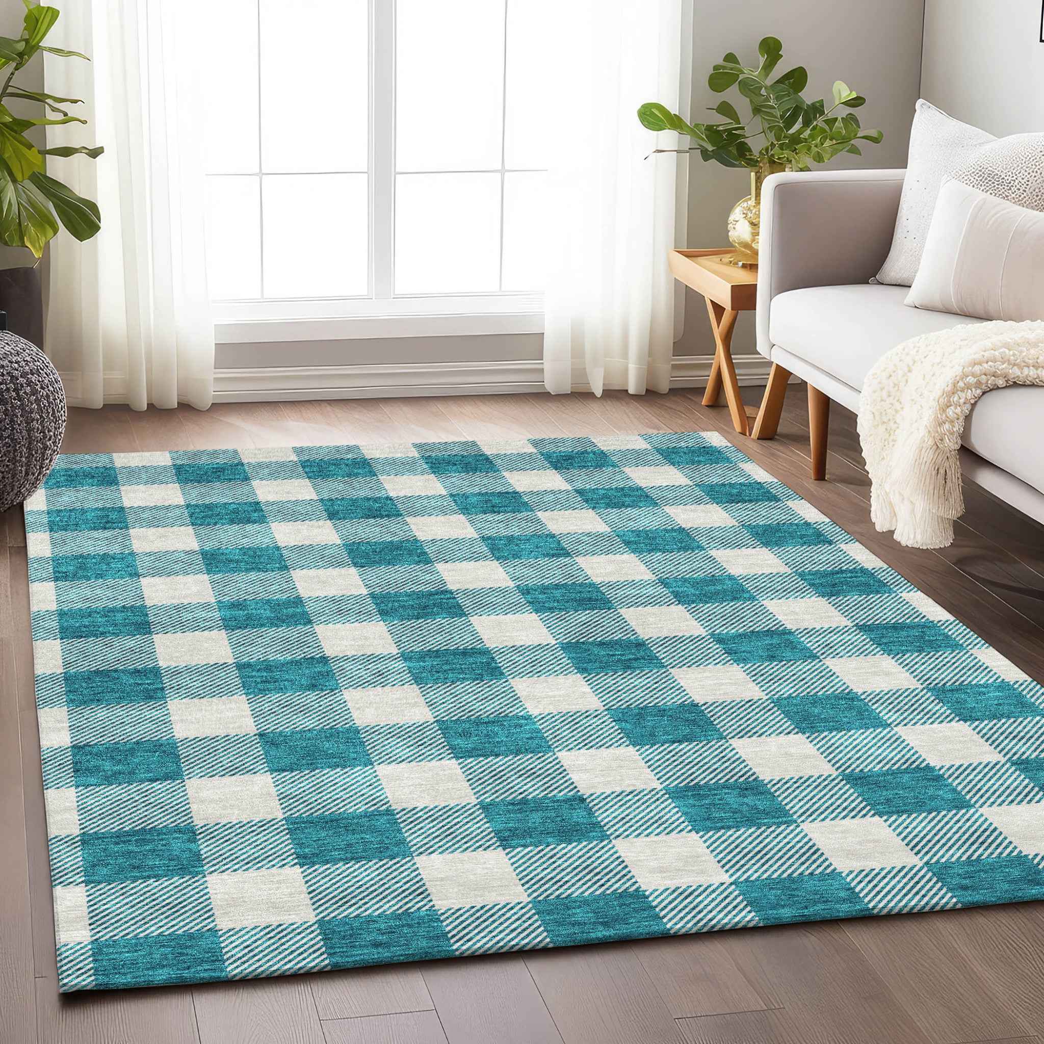 8' X 10' Teal Blue And Gray Plaid Washable Indoor Outdoor Area Rug