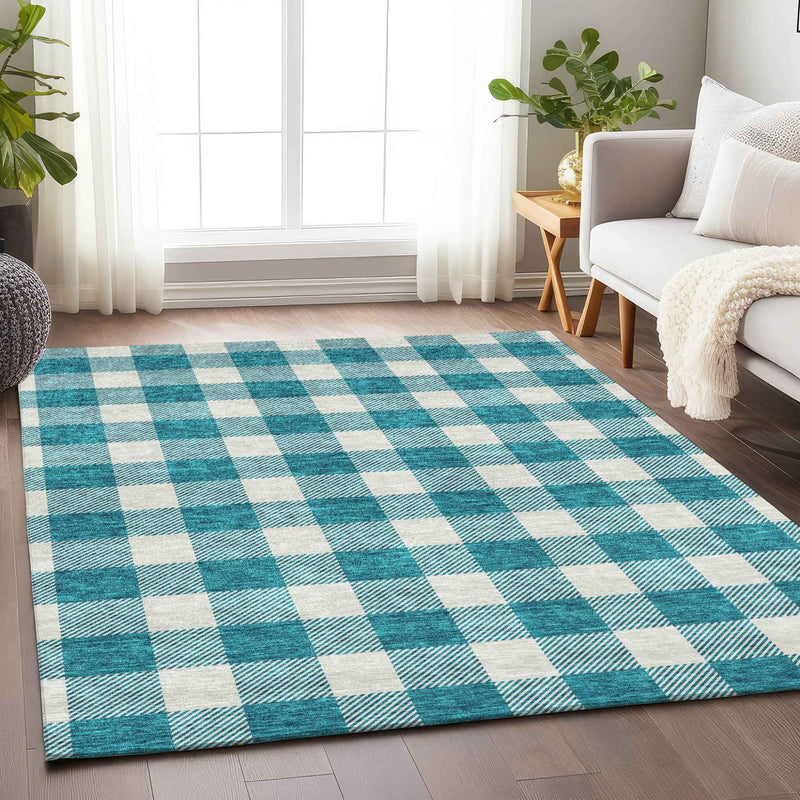 8' X 10' Teal Blue And Gray Plaid Washable Indoor Outdoor Area Rug