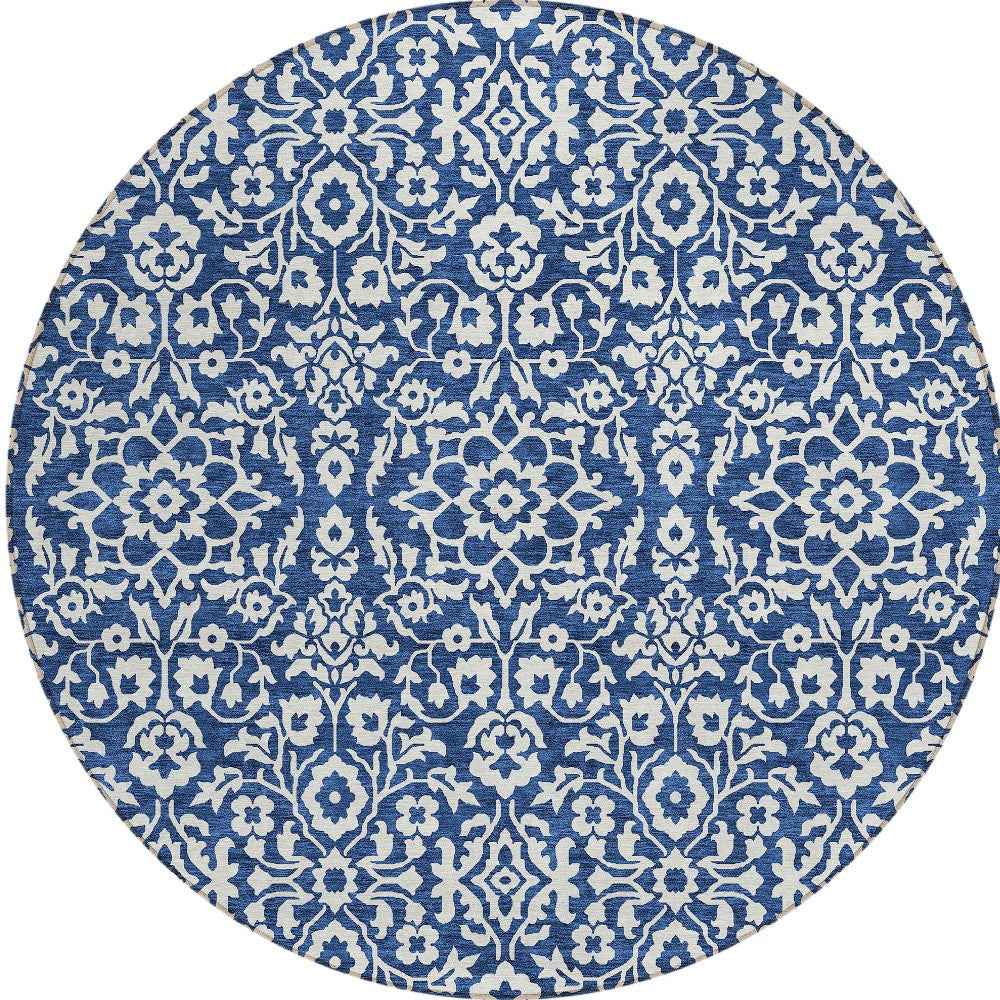 8' Navy Blue And Ivory Round Damask Washable Indoor Outdoor Area Rug