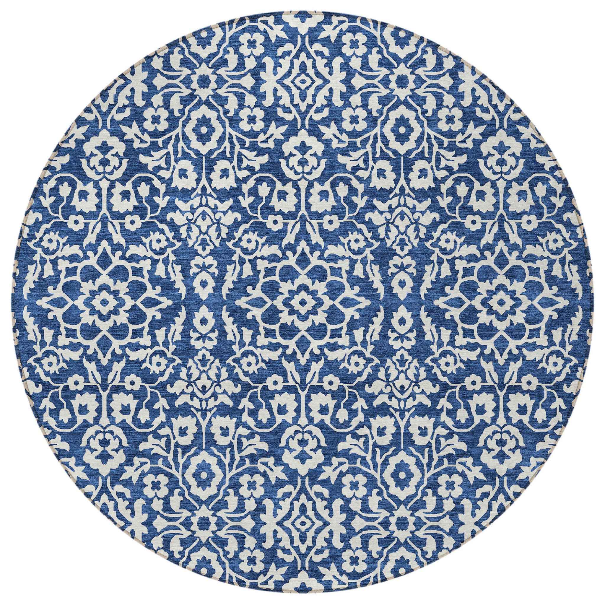 8' Navy Blue And Ivory Round Damask Washable Indoor Outdoor Area Rug