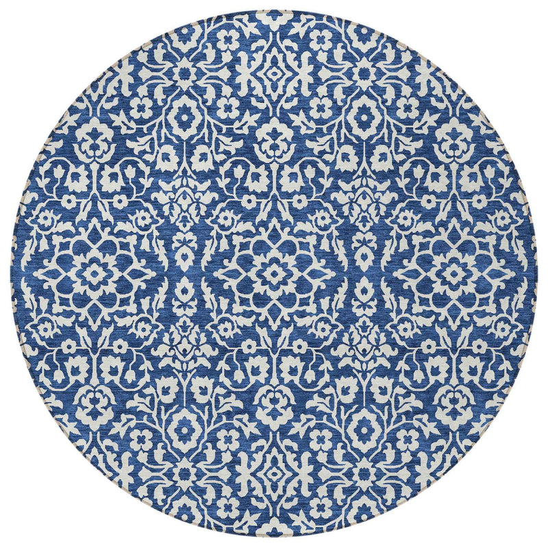 8' Navy Blue And Ivory Round Damask Washable Indoor Outdoor Area Rug