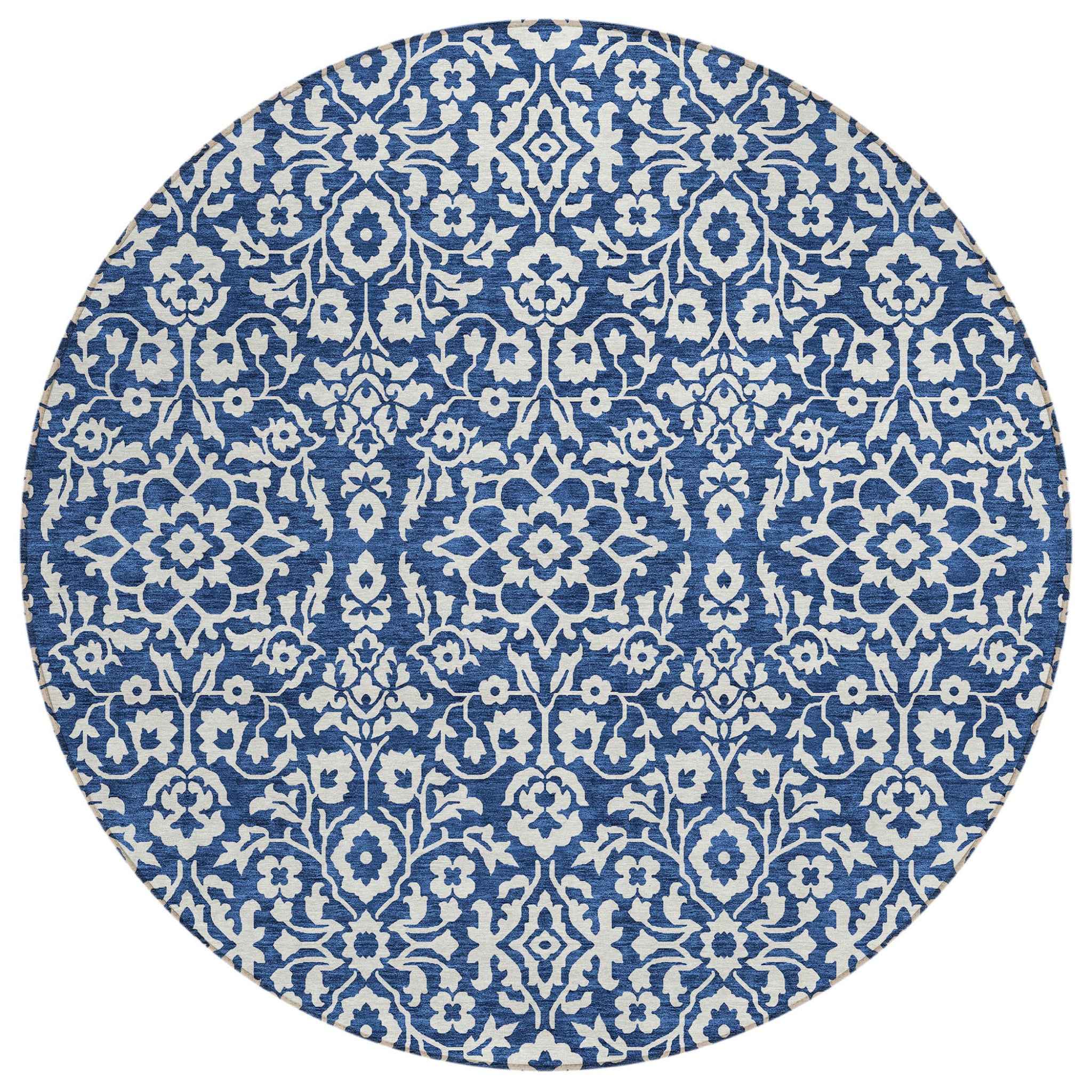 8' Navy Blue And Ivory Round Damask Washable Indoor Outdoor Area Rug