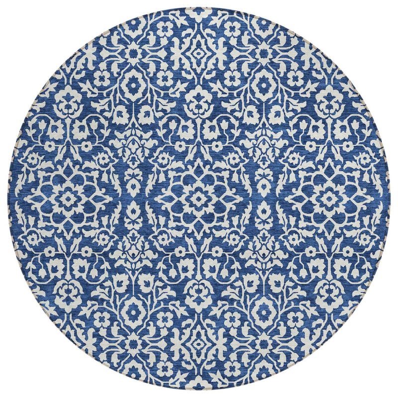 8' Navy Blue And Ivory Round Damask Washable Indoor Outdoor Area Rug