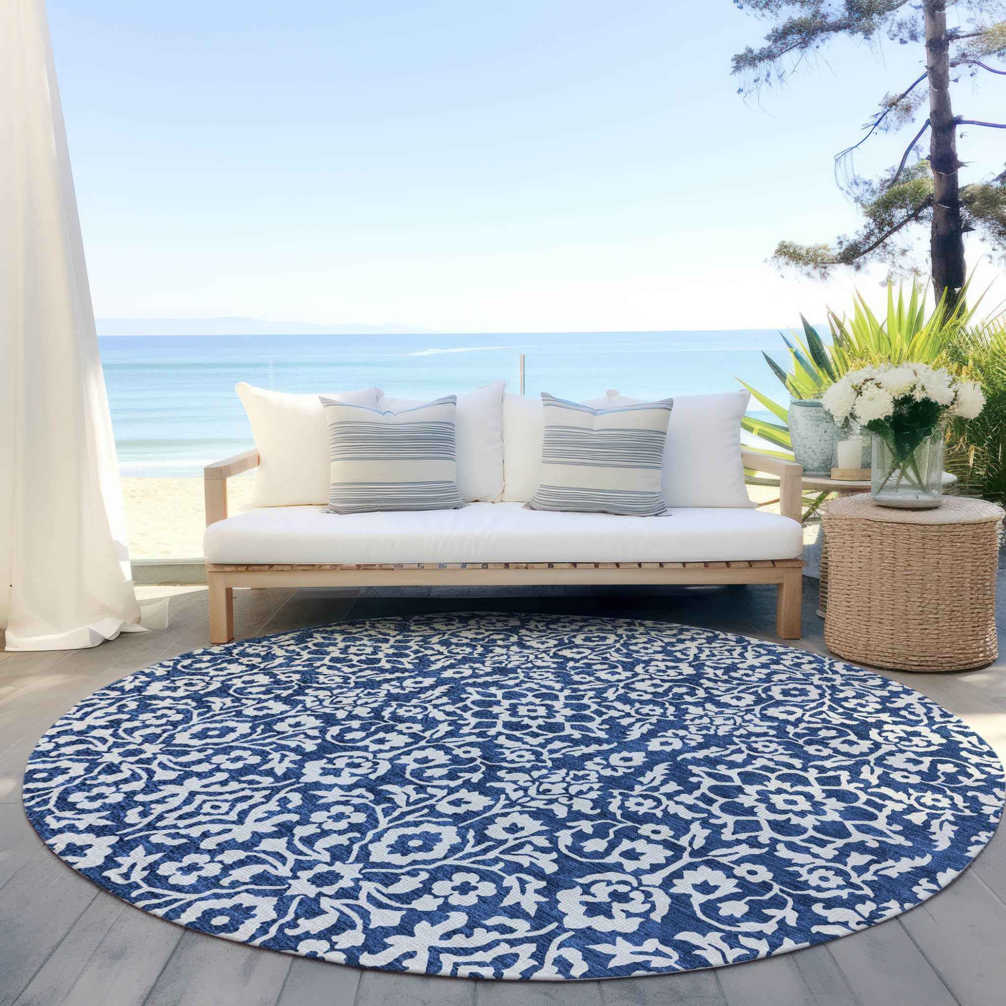 8' Navy Blue And Ivory Round Damask Washable Indoor Outdoor Area Rug