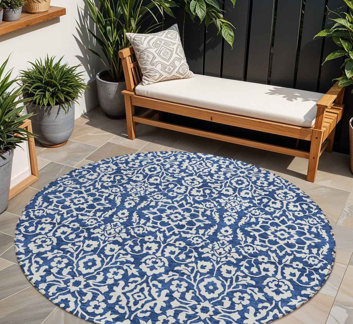 8' Navy Blue And Ivory Round Damask Washable Indoor Outdoor Area Rug