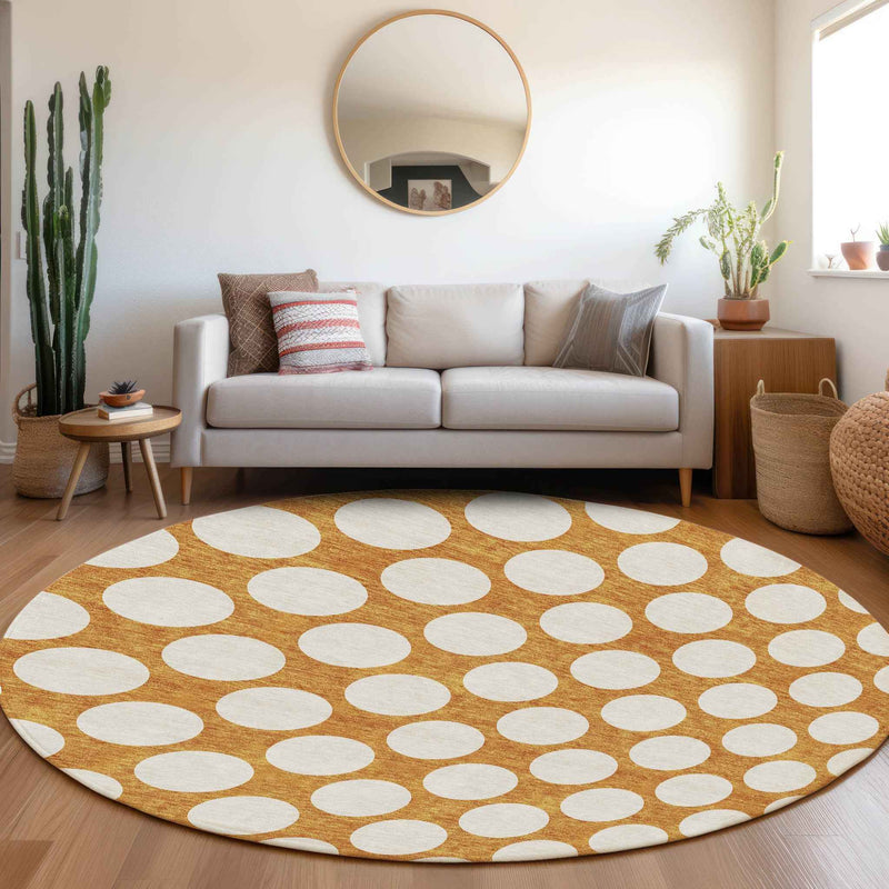 8' Orange And Ivory Round Polka Dot Washable Indoor Outdoor Area Rug