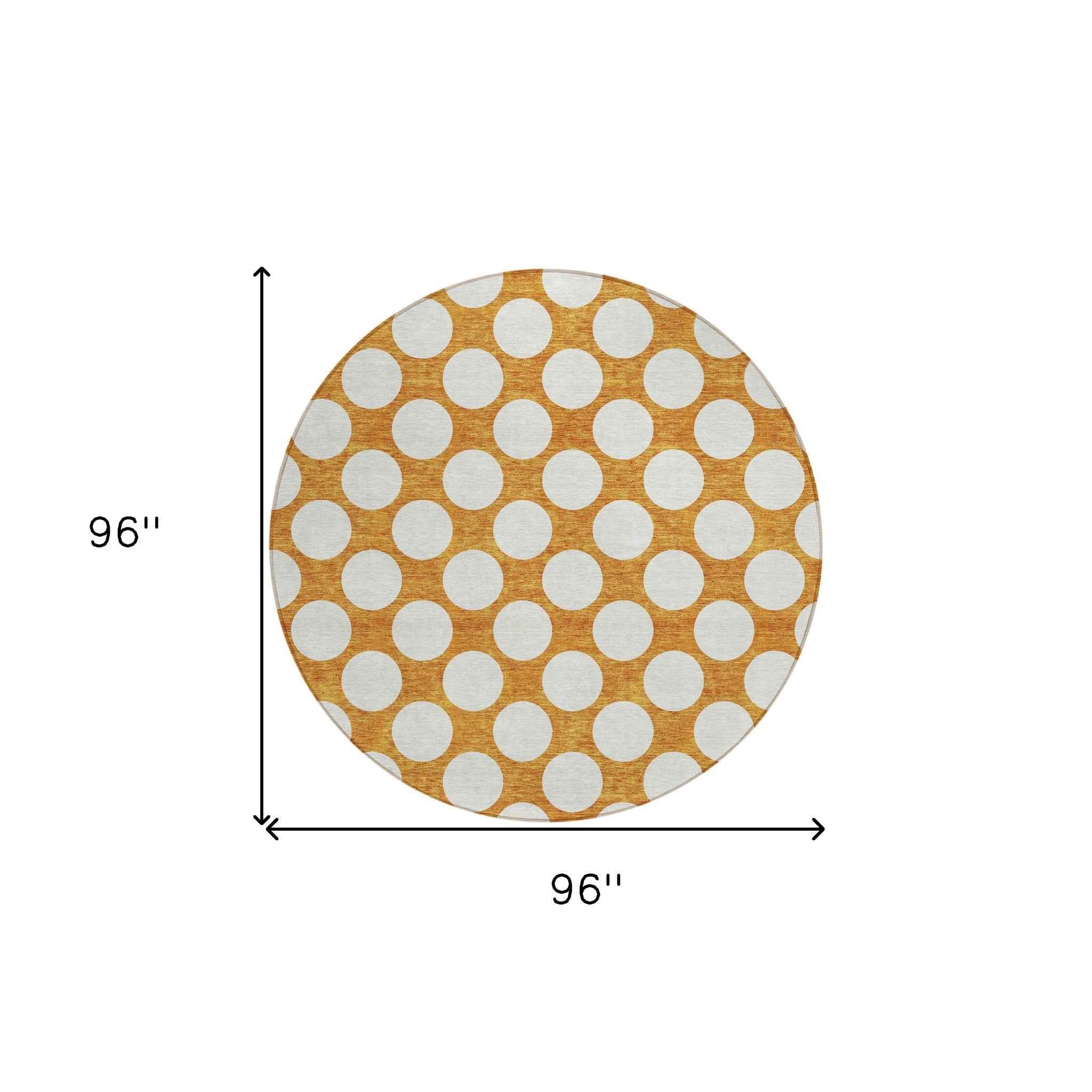 8' Orange And Ivory Round Polka Dot Washable Indoor Outdoor Area Rug