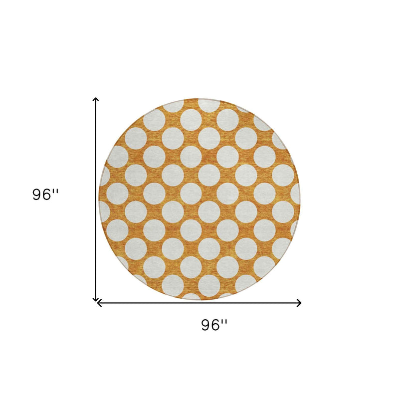 8' Orange And Ivory Round Polka Dot Washable Indoor Outdoor Area Rug