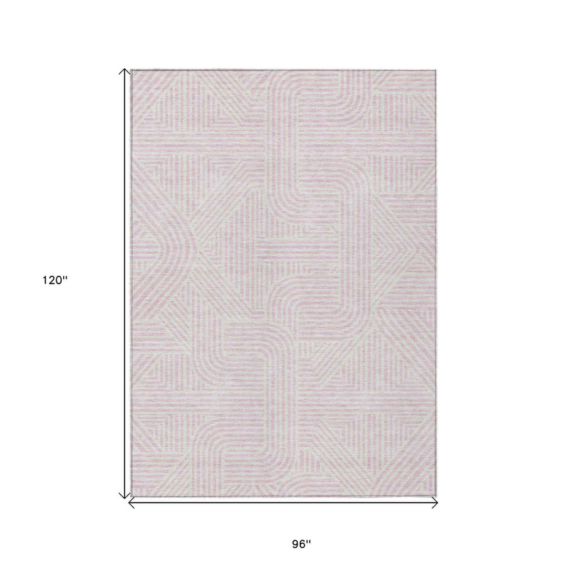 8' X 10' Pink And Ivory Abstract Washable Indoor Outdoor Area Rug