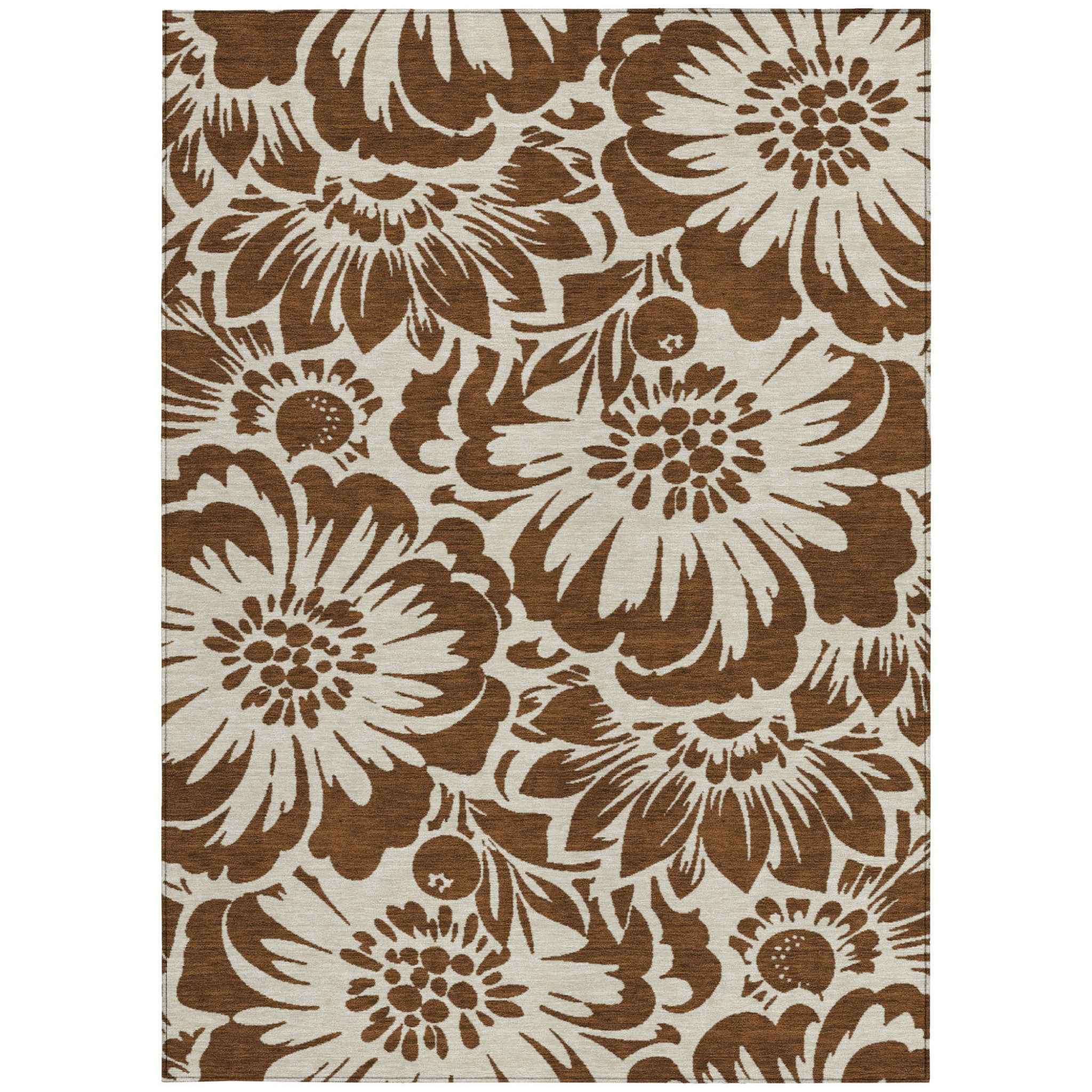 9' X 12' Brown And Ivory Floral Washable Indoor Outdoor Area Rug
