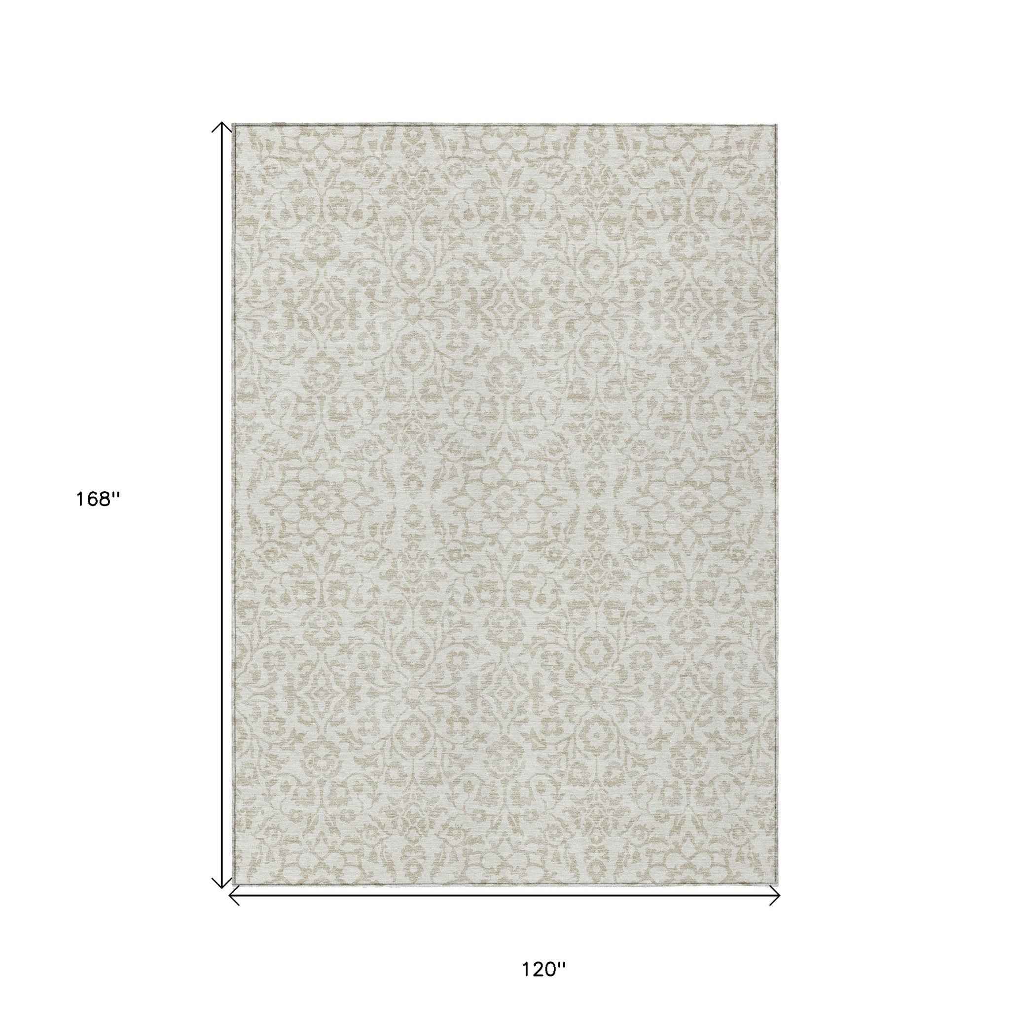 10' X 14' Ivory And Beige Damask Washable Indoor Outdoor Area Rug