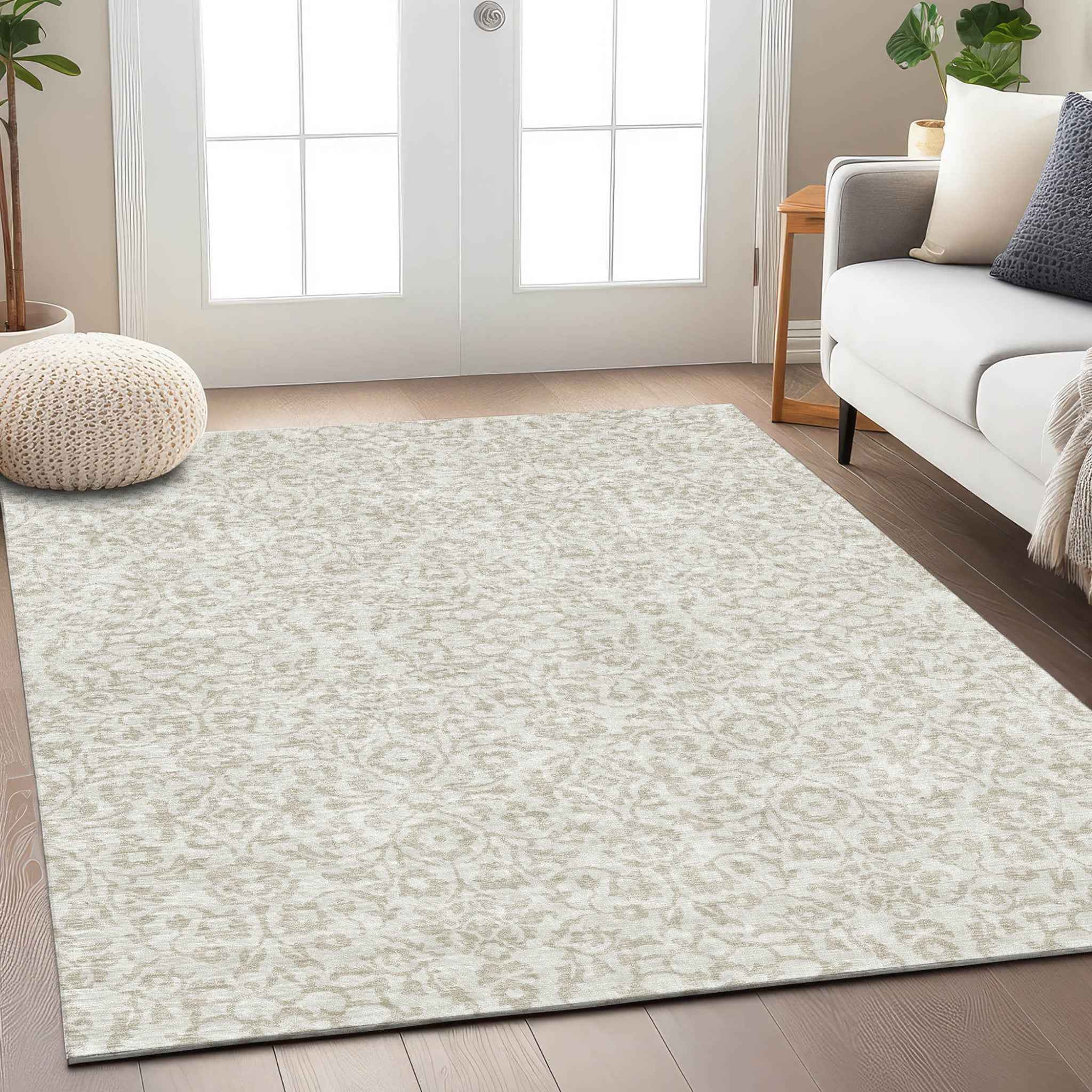 10' X 14' Ivory And Beige Damask Washable Indoor Outdoor Area Rug
