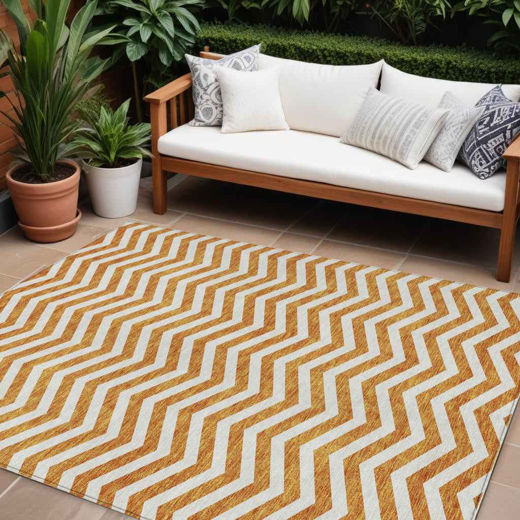 10' X 14' Orange And Beige Chevron Washable Indoor Outdoor Area Rug