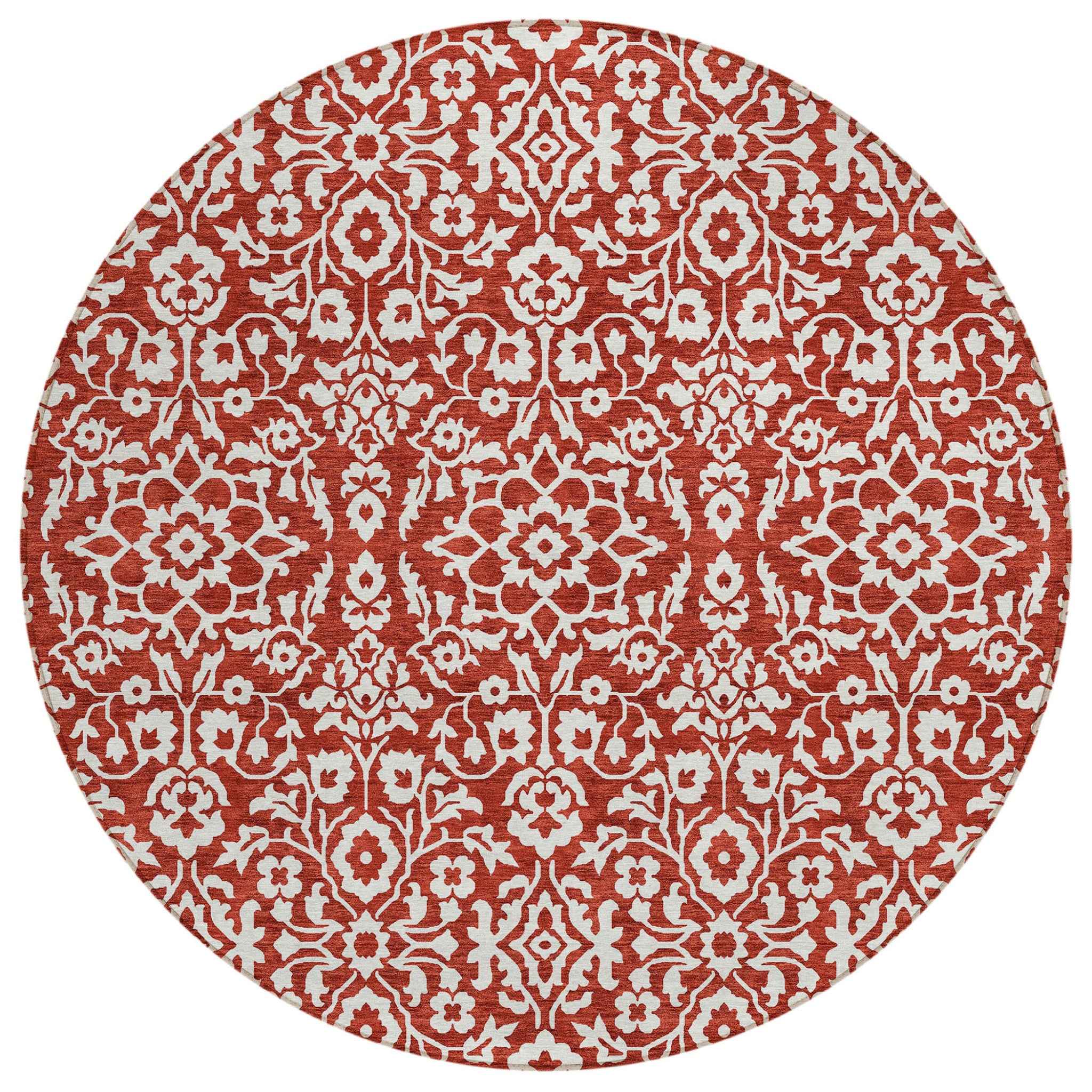 8' Red And Ivory Round Damask Washable Indoor Outdoor Area Rug