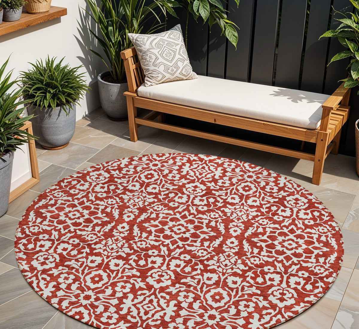 8' Red And Ivory Round Damask Washable Indoor Outdoor Area Rug